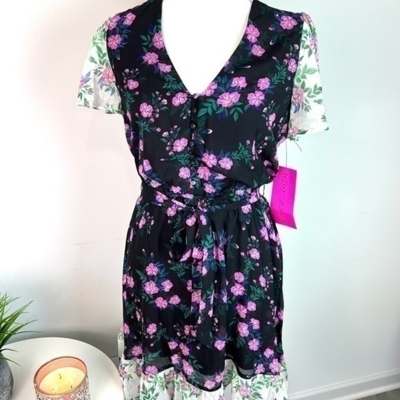 Betsey Johnson Floral Belted A-Line Dress Blue Pink Size 4 NWT V-Neck Party - Picture 3 of 14